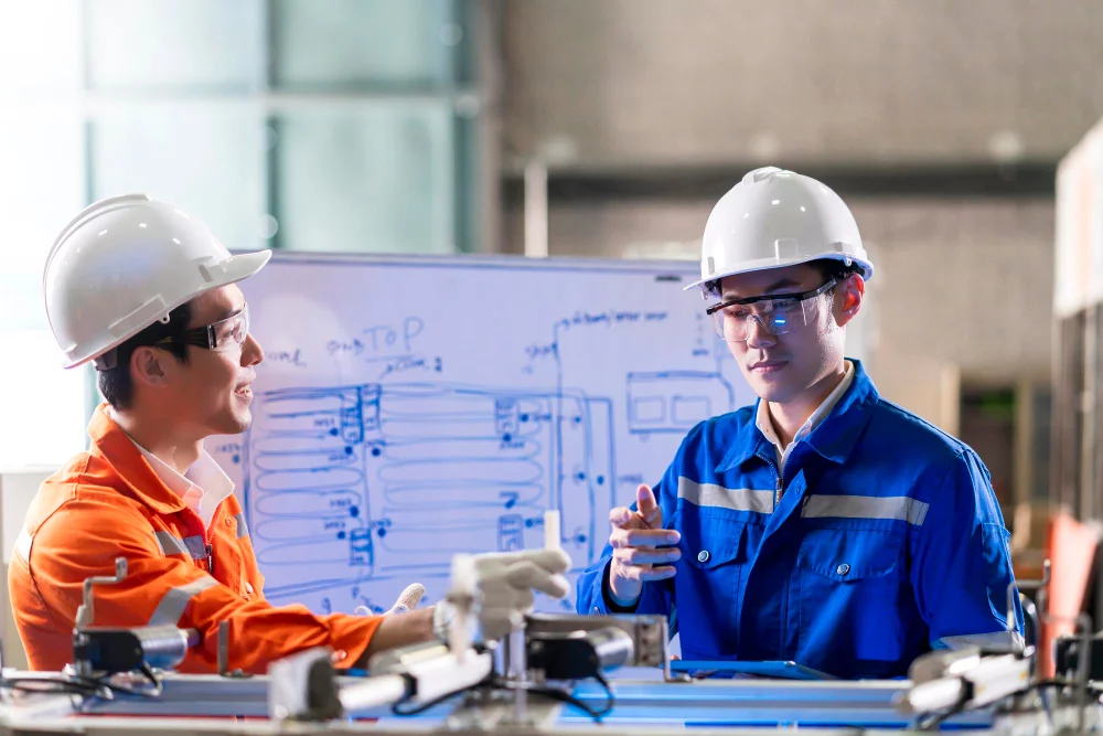 male-asian-engineer-professional-having-discussion-standing-by-machine-factory-two-asian-coworker-brainstorm-explaining-solves-process-curcuit-mother-board-machine