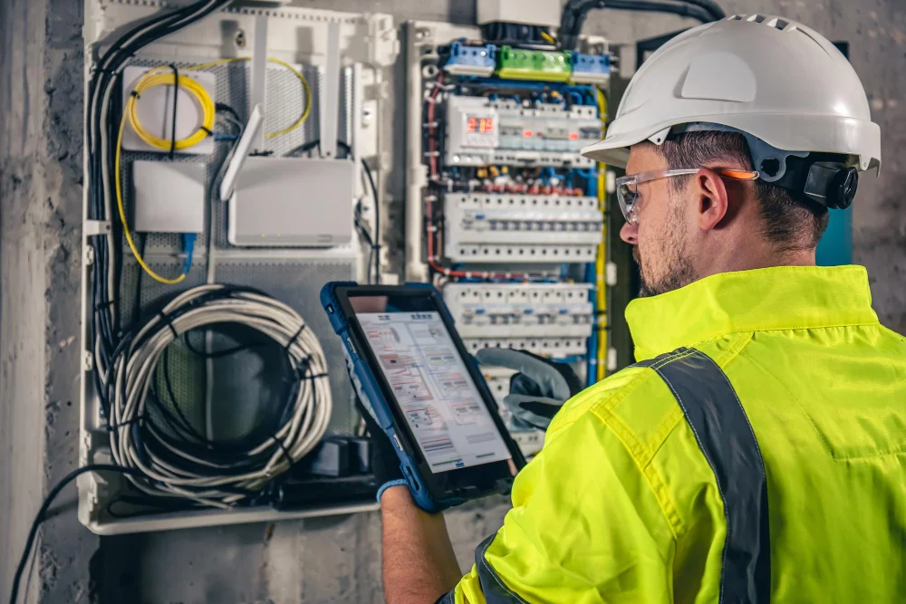 man-electrical-technician-working-switchboard-with-fuses-uses-tablet